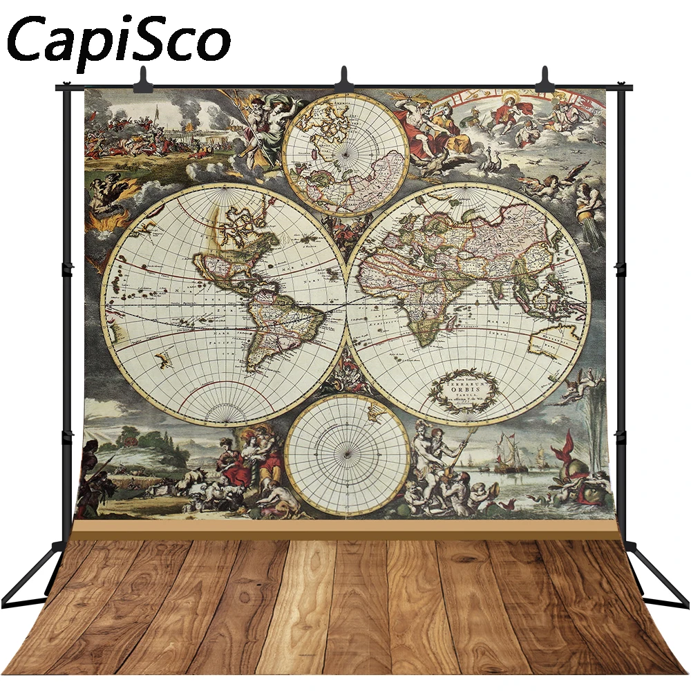 Capisco Photography Backgrounds Vintage World Map Painting Wood Floor Scene Artistic Portrait Backdrop Photo Shoot Studio Props