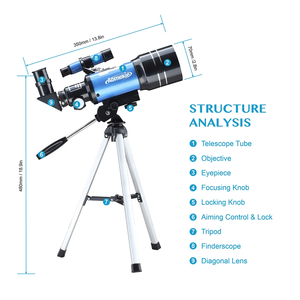 Imagem -02 - Telescópio para Crianças e Adultos Telescópios Refratores com Tripé Adaptador de Telefone Astronomia Iniciantes 70 mm F30070m