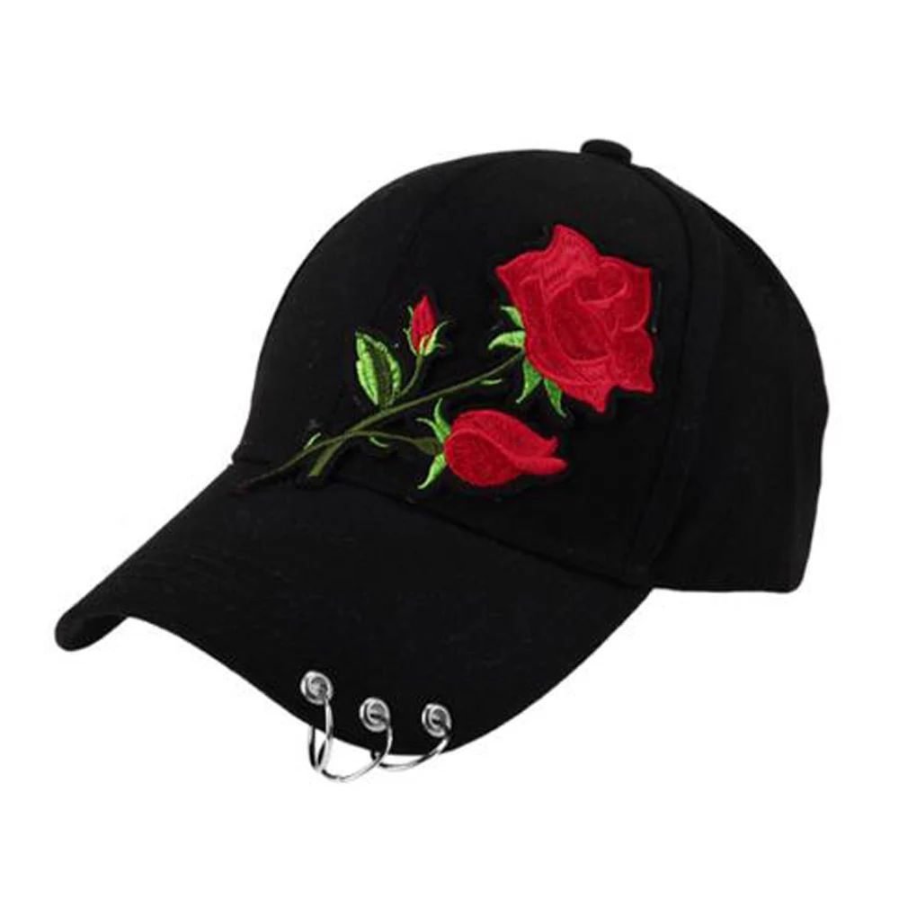 Frauen Männer Hip Hop Kpop Hysterese Baseball Kappe Große Rose Blume Mit Ringe Sport Tanzen Reise Papa Hut Caps Streetwear einstellbar