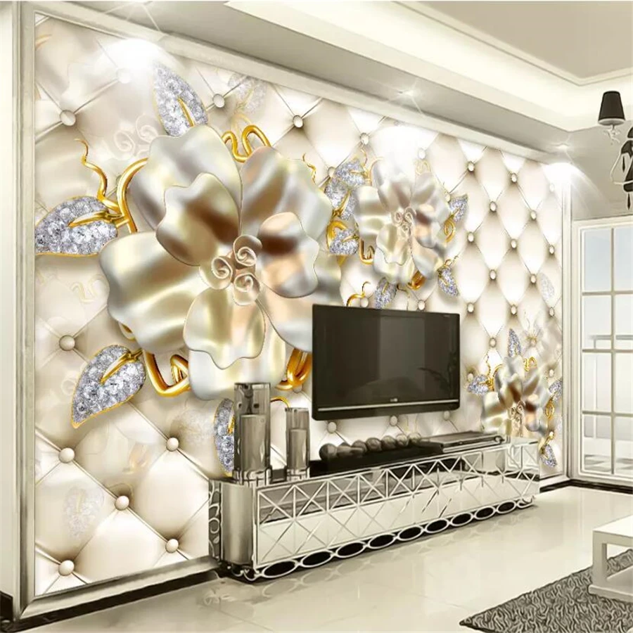 Beibehang papel de parede personalizado 3d foto mural dourado joia flor bolsa macia 3d luxo joias fundo tv papel de parede