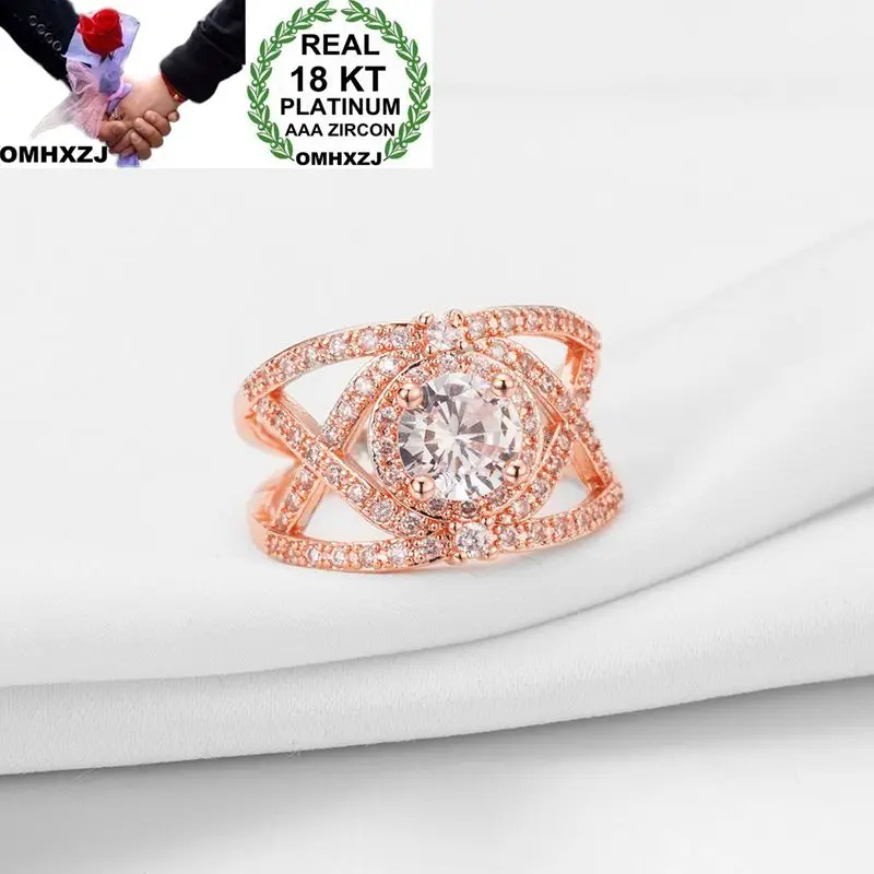 OMHXZJ Wholesale European Fashion Woman Man Party Wedding Gift Luxury White AAA Zircon 18KT Rose Gold Ring RR521