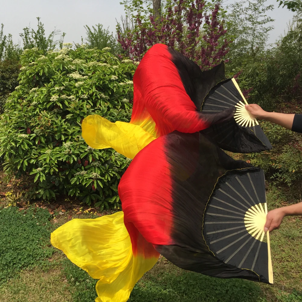 New Arrival 1pair(Left+Right) 180cm Belly Dance Chinese Real Silk Fan Veils Black+Red+Yellow fire color