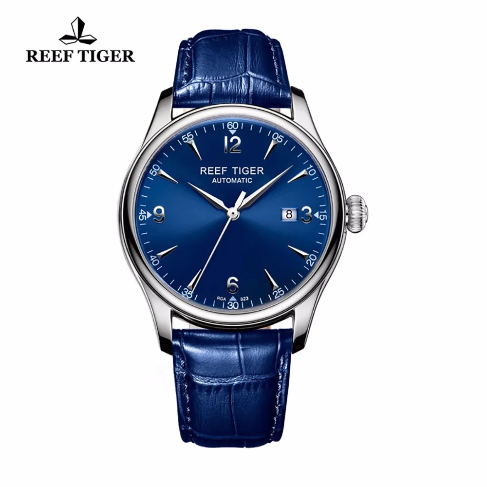 

Reef Tiger/RT Blue Watches For Men Dress Mechanical Stainless Steel Leather Strap Automatic Watches with Date RGA823