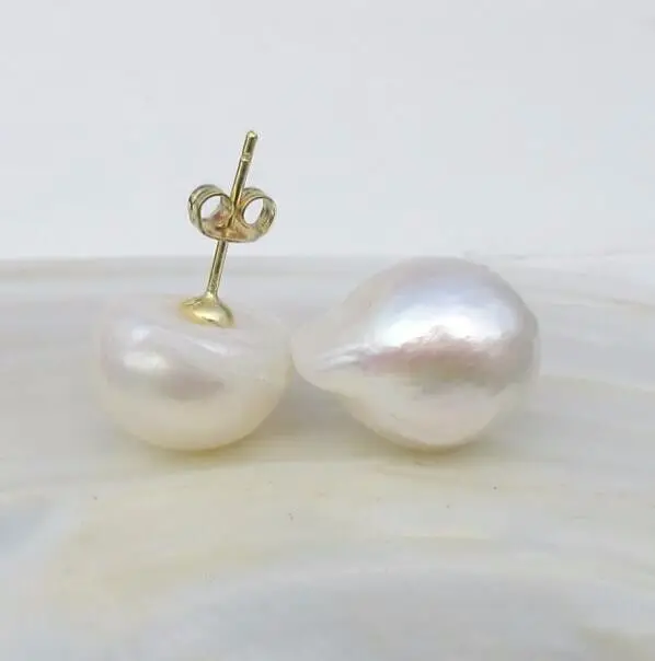 

free shipping Hot Huge AAA ++13x12mm South Sea White Baroque Pearl Earrings YELLOW 925silver