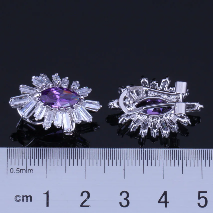 Exclusive Marquise Purple Cubic Zirconia White CZ Silver Plated Clip Hoop Huggie Earrings V0893