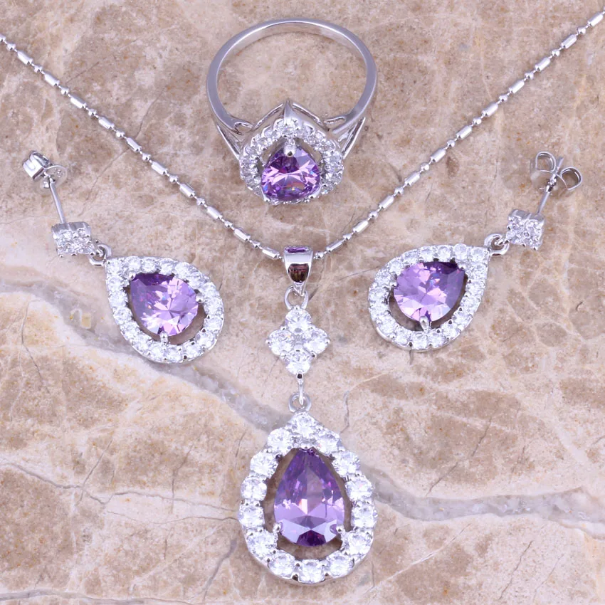 

Purple Cubic Zirconia White CZ Silver Plated Jewelry Sets Earrings Pendant Ring Size 5 / 6 / 7 / 8 / 9 / 10 / 11 / 12 S0839