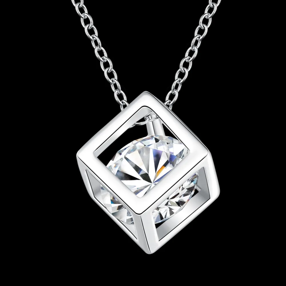 Simple Style Elegant Women Square Shape 925 Sterling Silver Necklaces New Long Cubic Zirconia Pendant Fine Jewelry For Women