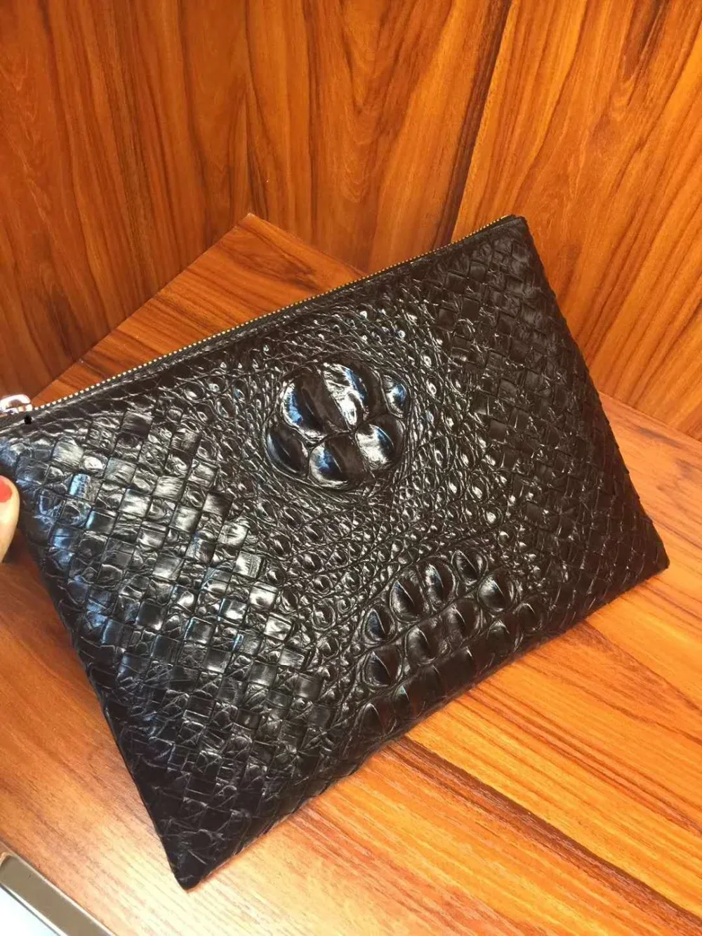 

2018 new genuine crocodile leather alligator head skin long size men wallet zipper closure woven alligator skin big size clutch