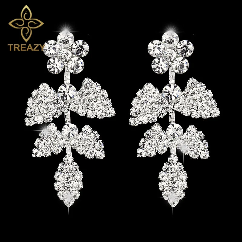 TREAZY Gold/Silver Color Crystal Bridal Wedding Long Earrings Floral Shape Dangle Earrings for Women Brides Bridesmaid Jewelry