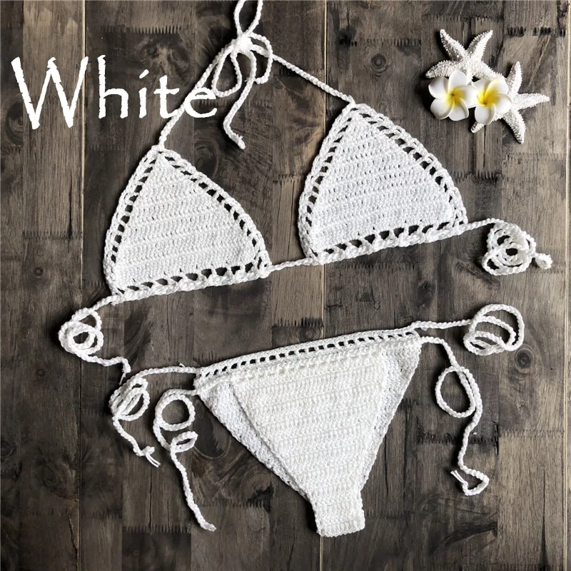 Women's Sexy Micro Bikini Crochet Cotton Thong G String Lingerie Triangle Bikini Top Bra Solid Bottom Beach Swimwear