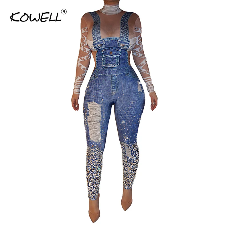 2019 dolcevita donna manica lunga Denim tute stampa geometrica Patchwork Denim Slim Zip posteriore un pezzo pagliaccetti Casual complessivi