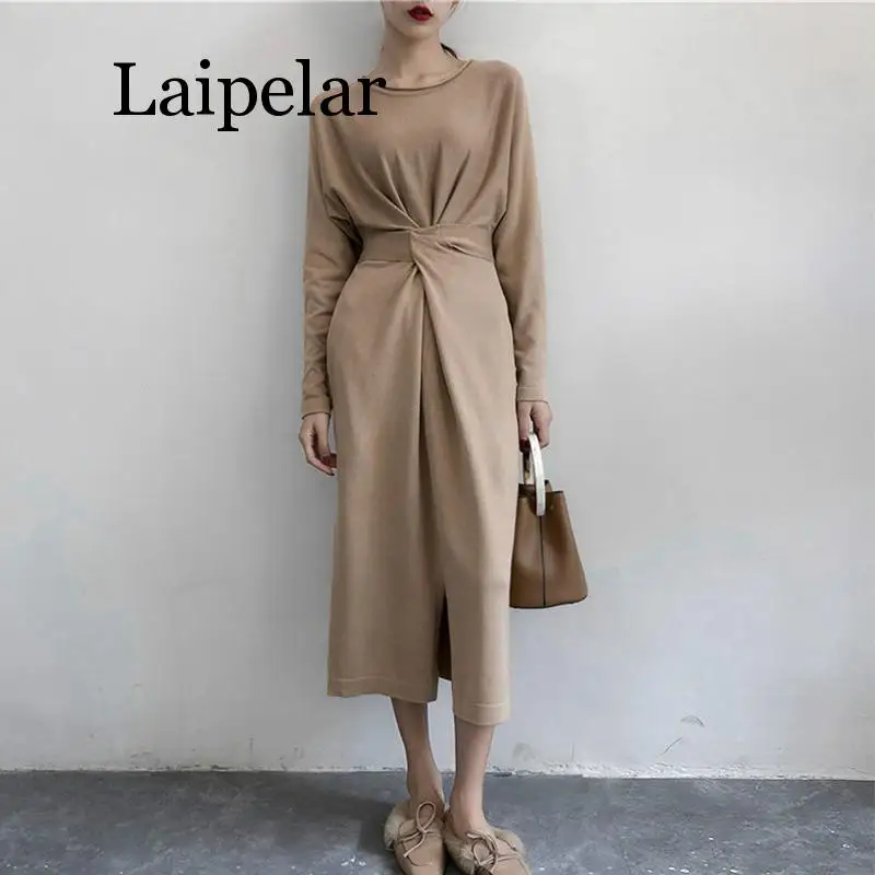 

Laipelar 2019 New Korean Brief Designer Women Knitted Dress Long Sleeve Twist Knot Lace Up Split Autumn Long Dress Bandage Dress