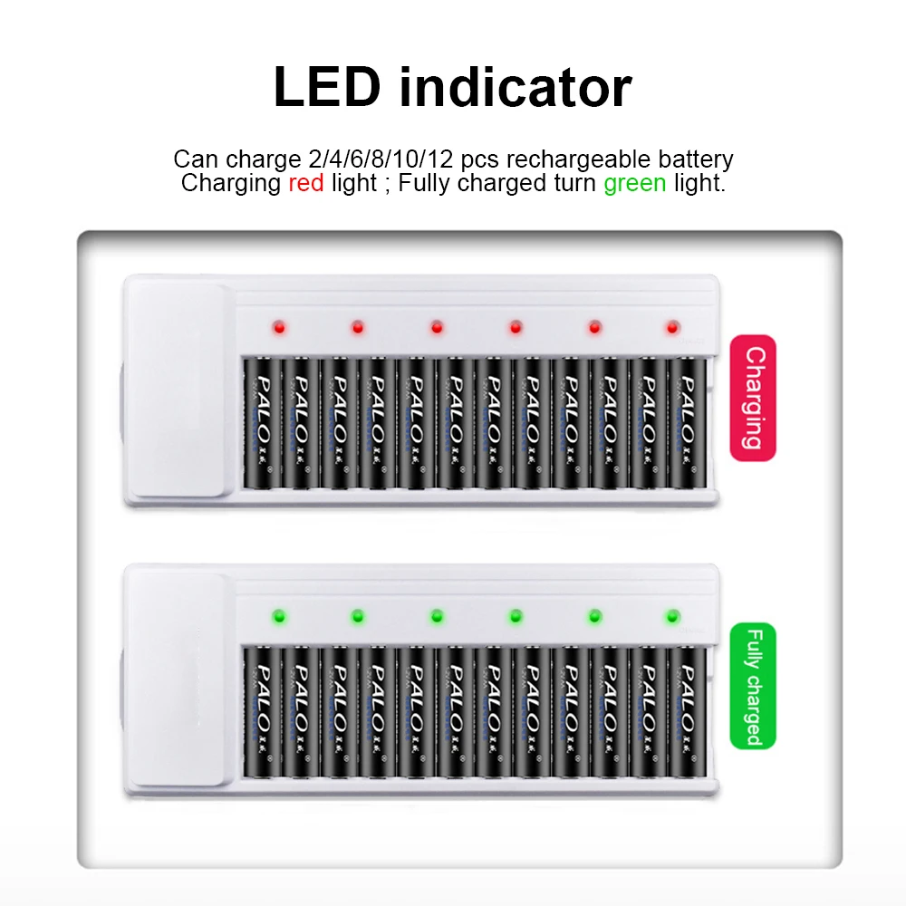 PALO 12 Khe Màn Hình Hiển Thị Đèn LED Thông Minh Sạc Pin Cho Pin AA/AAA Ni-CD Ni-MH 1.2V Pin Sạc + 12 Pin Sạc AA