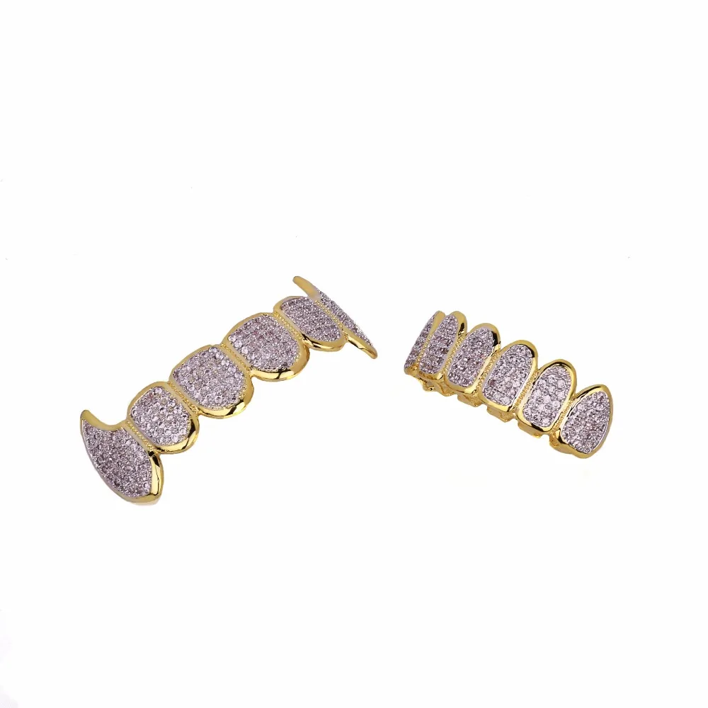 Shining Hip Hop Grillz Iced Out CZ Fang Mouth teeth grills Caps Top & Bottom tooth Set Men Women Vampire Grills Fashion Jewelry