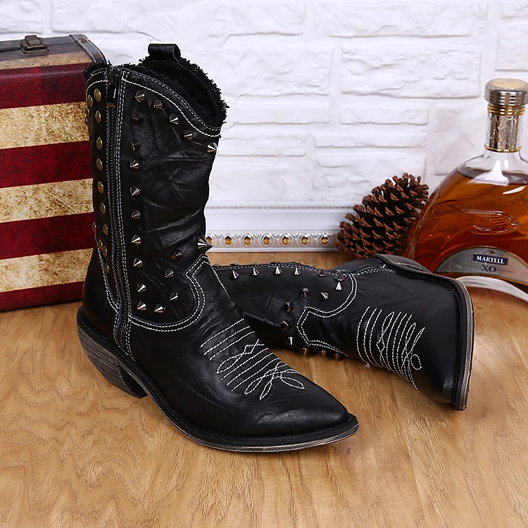 Italian Men Knee High Boots Black Brown High Top Work Studded Cowboy Boots Pointed Toe Rivets Motorcycle Shoes Man