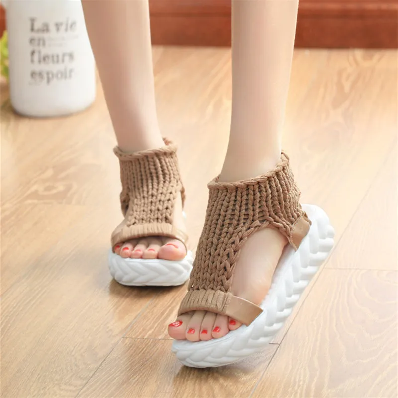 Knitted Elastic Mesh Platform sandals 2019 Summer shoes women Fashion Open toe flat sandals Sweet Hollow Slip-On female shoes