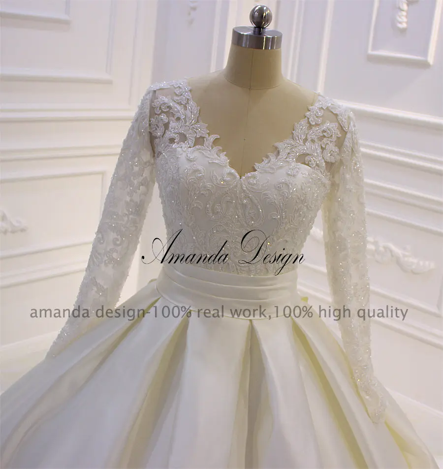 Amanda Design abiti da sposa Long Sleeve Lace Appliques V-Neck Satin Wedding Dress