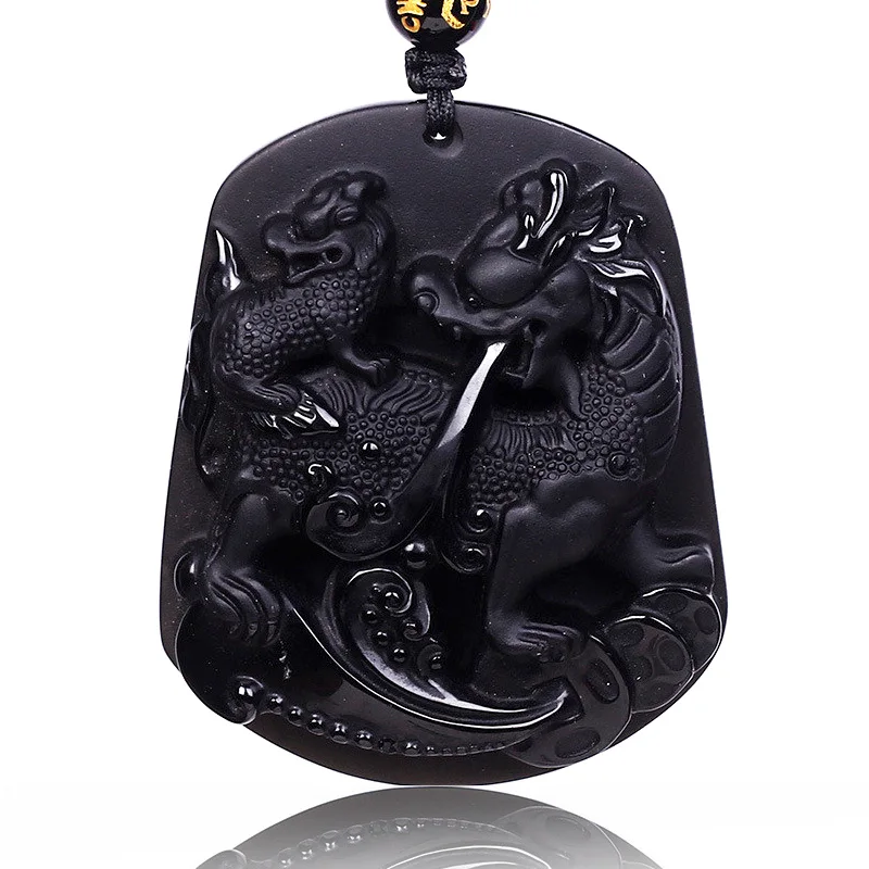 Natural Black Obsidian Sculpture Kirin Pendant Necklace Trendy Cute Jewelry Mother Child Pendant With Lucky Chain For Men Women