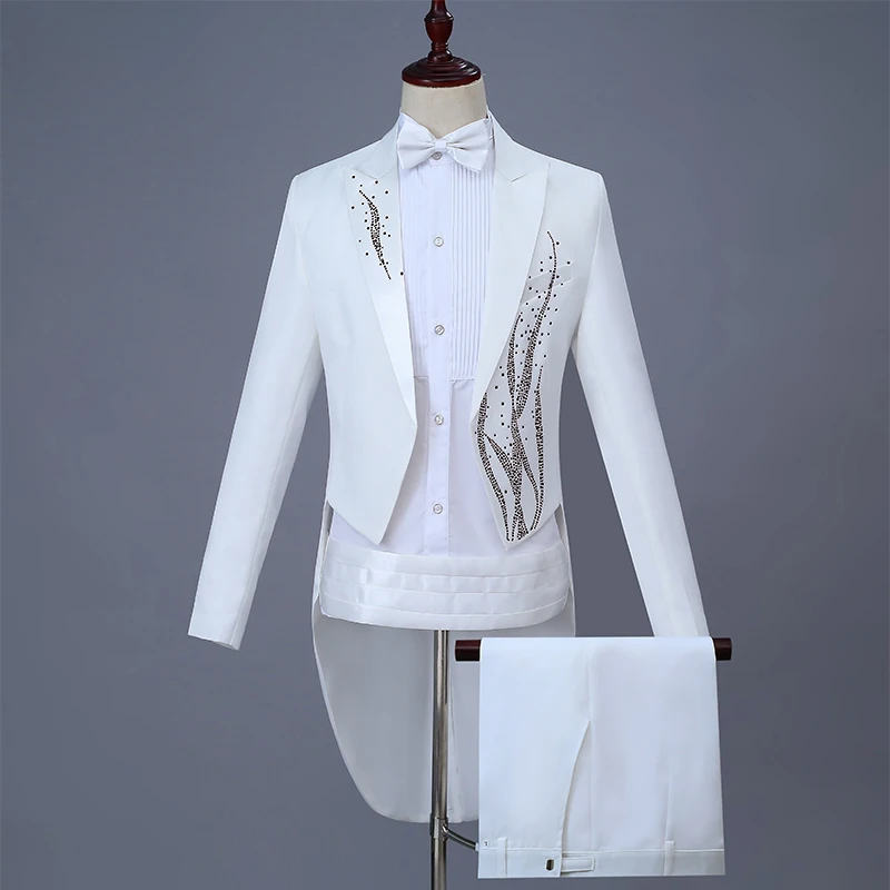 White Tuxedo Male Swallowtail Suits Crystal Blazers Trousers Singer Costume Prom Host Magician Chorus Stage Performance 2 Piece