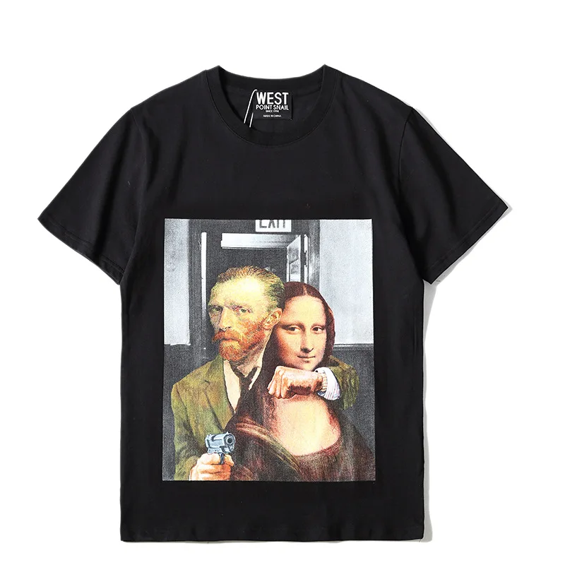 

New Novelty 2019 Men Pistol Mona Lisa T Shirts T-Shirt Hip Hop Skateboard Street Cotton T-Shirts Tee Top Kenye #05