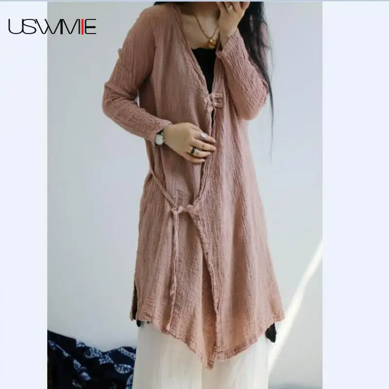 USWMIE 2017 Summer Women Blouses New Literature Retro Simple Casual V-neck Solid Color Shirt Long Sleeve Sunscreen Loose Tops