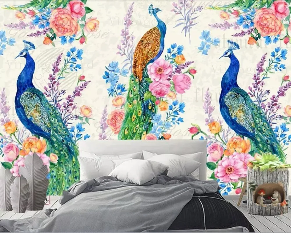 

European-style retro hand painted peacock pastoral background wall