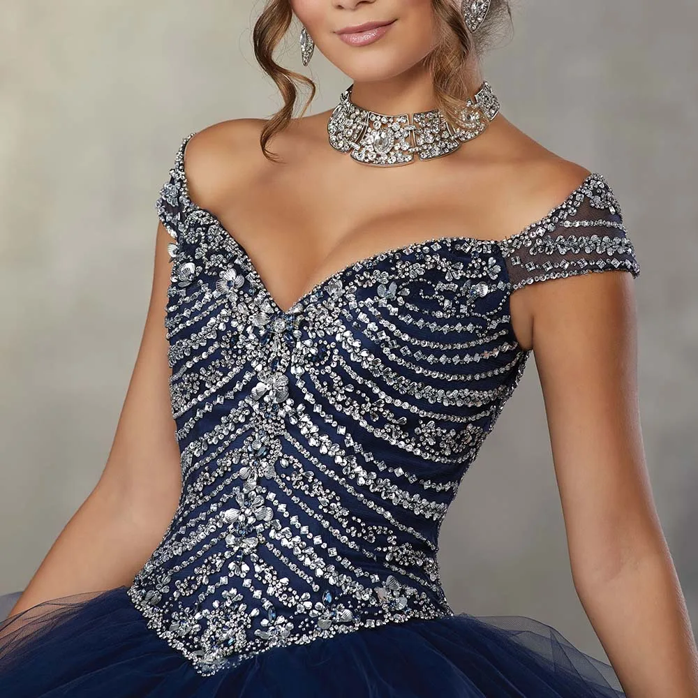 JaneVini 2019 elegancki granatowy niebieskie sukienki quinceanera suknie balowe z dekoltem w kształcie litery V ciężkie koraliki Ruffles Puffy Tulle księżniczka suknie Vestidos 15