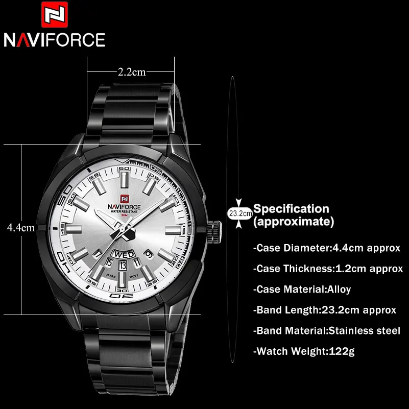 NAVIFROCE Men\'s Sport Watch Men Stainless Steel Band 30M Waterproof Wristwatches Auto Week Date Calendar Clock Relogio Masculino