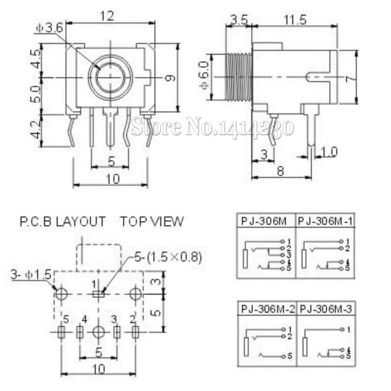 10Pcs PJ306M PJ-306M 3.5mm Female Audio Connector 5 Pin DIP Stereo Headphone Jack With Nut