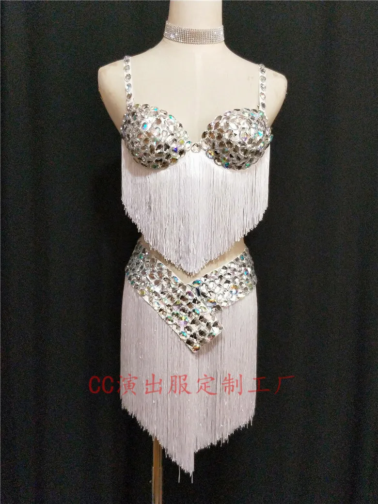 

Women New Sexy Female Model Car Host DJDS Rhinestone White Bikini Fringe Dance Costume Performance Costume Party Celebration