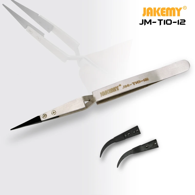 Jakemy JM-T10-12ステンレス鋼精密帯電防止esdピンセット、電話修理用の湾曲したまっすぐなプラスチックチップ付きbga作業