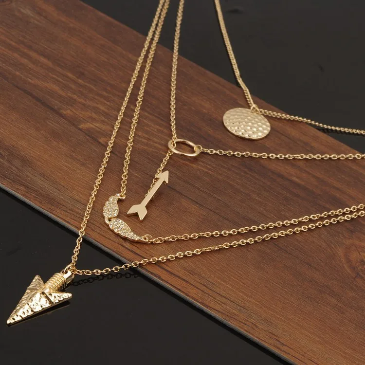 2018 Fashion Design Gold Color Triangle Arrow Multilayer Necklace&pendant Vintage Statement Crystal Angel\'s Wing Necklace