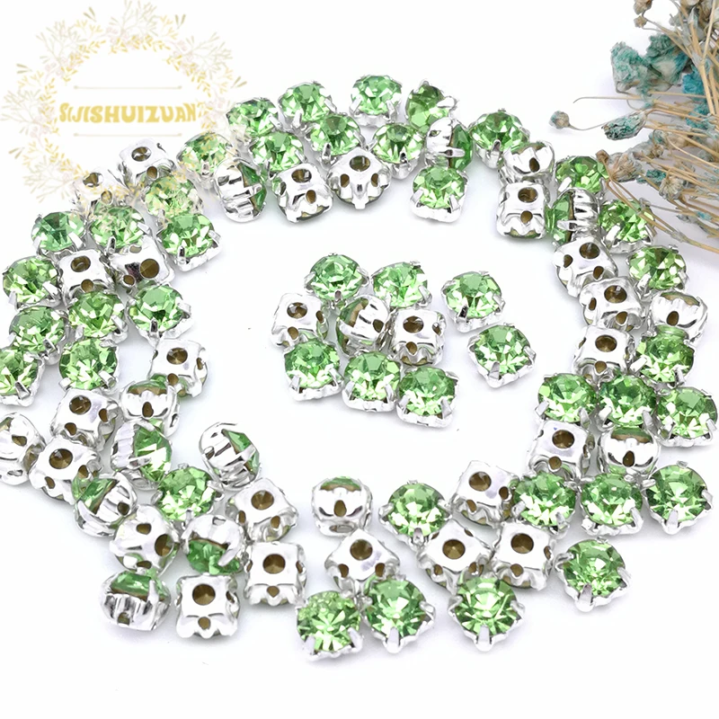 3mm 4mm 5mm 6mm 7mm 8mm Light Green Diamond Round Shape Glass Crystal Rhinestones With Silver Claw Diy Wedding Dress Accessories