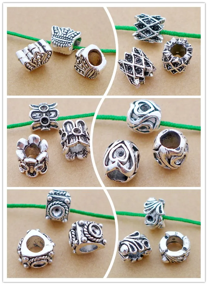 alloy antique silver big hole bead charm pendant diy free shipping 50pcs/lot 6styles top quality