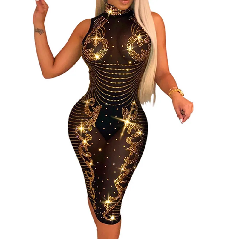 2023 Stunning Gold Crystal Embellished Dress Stretchy Sleeveless Metal Crystal Sequined Mesh Dress Night Out Clubwears