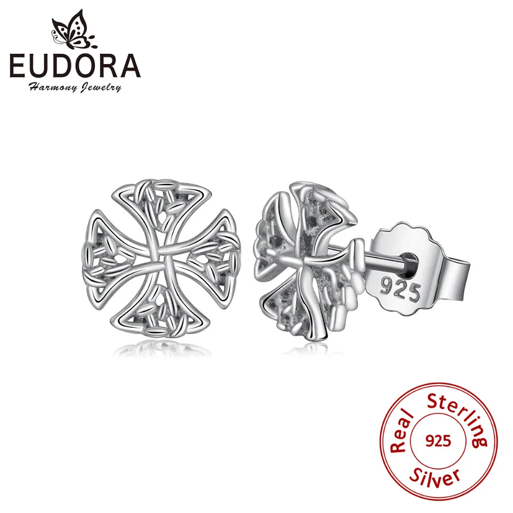 EUDORA Real 925 Sterling Silver Earring Celtics Knot Cross Stud Earrings Fashion Silver Jewelry for Women girl Dropshipping E91