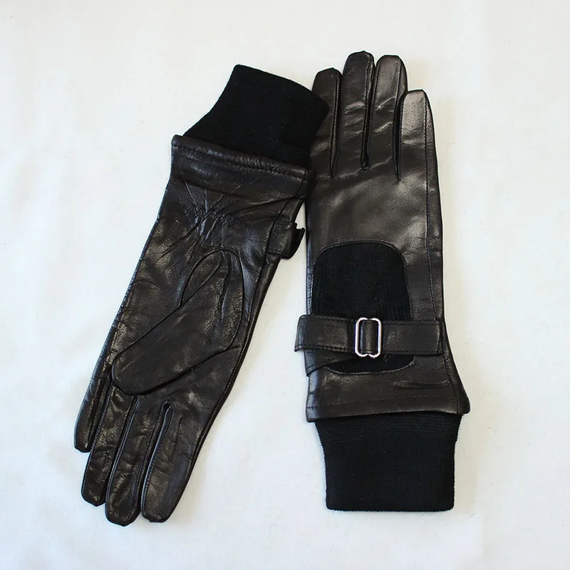 Winter Warm Goatskin Leather Gloves Women\'s Fleece Lined Extended Ribbed Cuffs Wind and Cold Resistant Split Finger Gloves