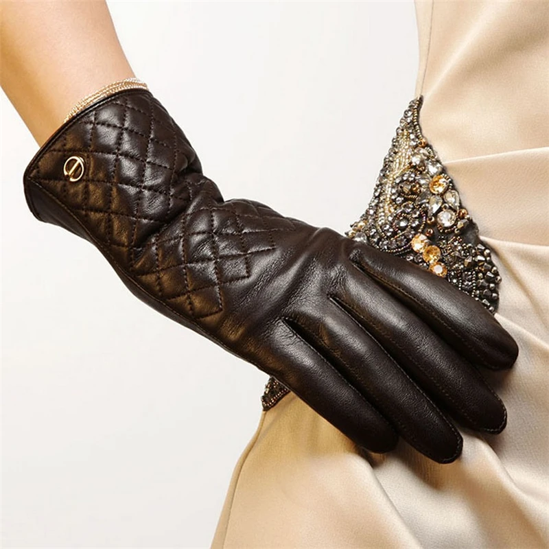 HOT Sale Fashion Lady Sheepskin Gloves Autumn Winter Plus Warm Velvet Women Genuine Leather Elegant  Driving Glove EL014PC-5