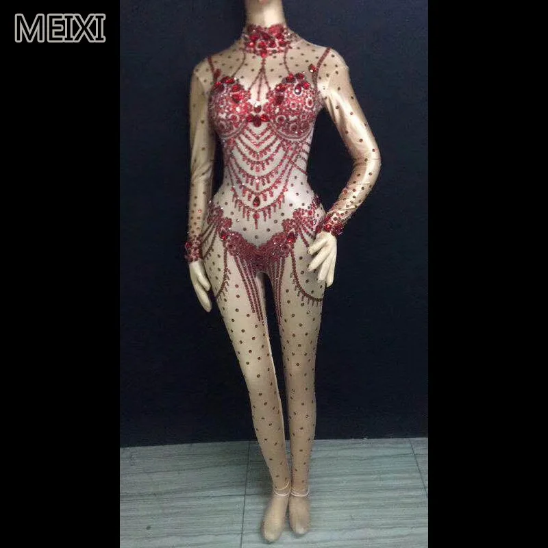 

Sparkly allure red sexy glass diamond rhinestone jumpsuit bar party party concert singer dancer costume