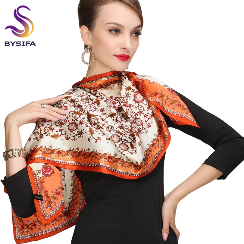 Pure Silk Sscarf  Winter Female Long Wraps Scarves Fashion Luxury Women Scarf Printed 175*52cm Orange Ladies Silk Scarf Bufandas