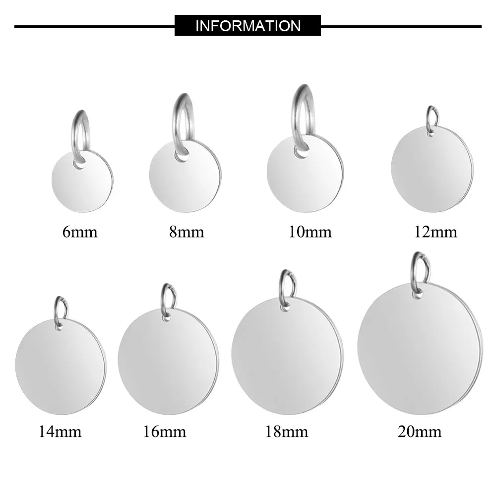 5pcs/lot 316 Stainless Steel Blank 6-20mm Disc Round Tag Charm Pendant for Bracelet Necklace Jewelry Making