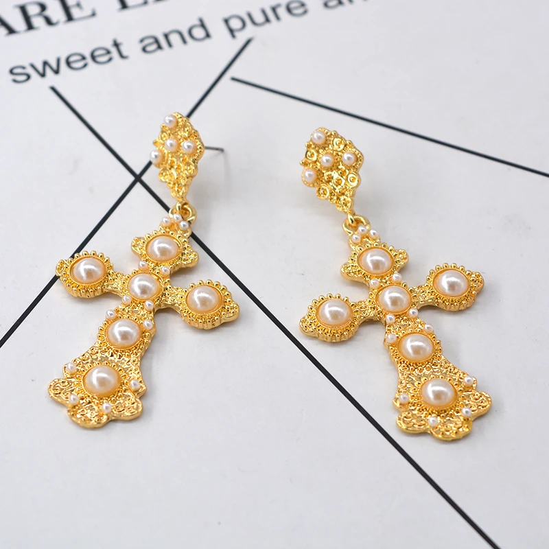 Classical Vintage Crystal Cross Drop Earrings for Women Baroque Vintage Large Long Dangle Earring Jewelry