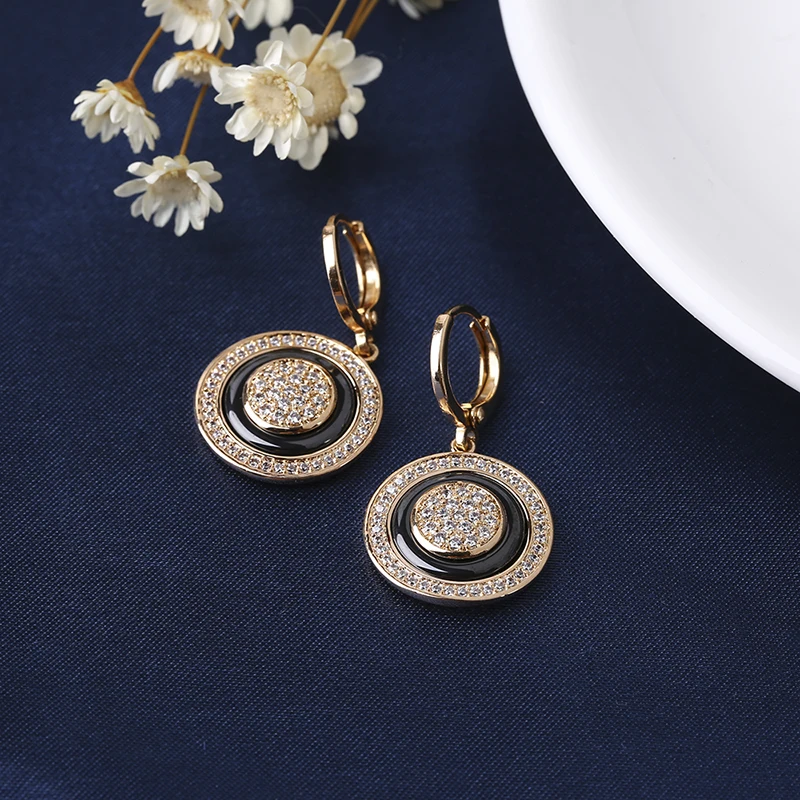 585 Rose Gold Round Black Stud Earring Micro Wax Inlay Natural Zircon Black Ceramic Women Wedding Ear Rings Jewelry 2018 New Hot