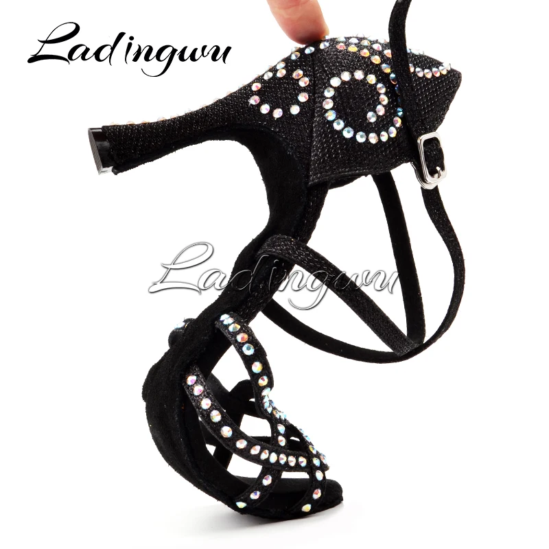 Ladingwu Dance Shoes Latin Women Rhinestone Salsa Shoes Dance Ballroom Party Profession Dance Shoes Heel 9cm Glitter Satin