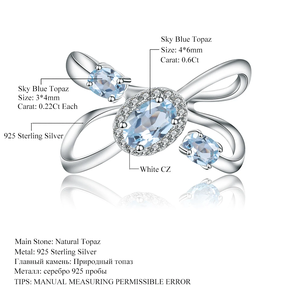 Gem's Ballet 1.04Ct Round Natural Sky Blue Topaz Gemstone Finger ing For Women Wedding  925 Sterling Silver Fashion Fine Jewelry