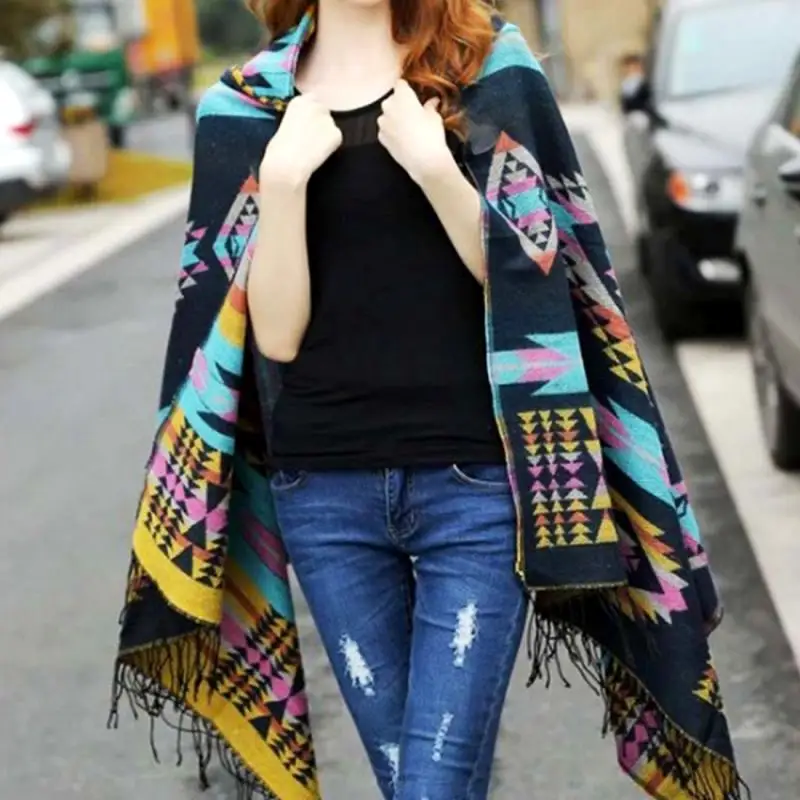 Ladies Warm Winter Hooded Wrap Poncho Wool Scarves Lush Cape,Mantle Ponchos And Capes Aztec Outwear Casacos Femininos Tippet