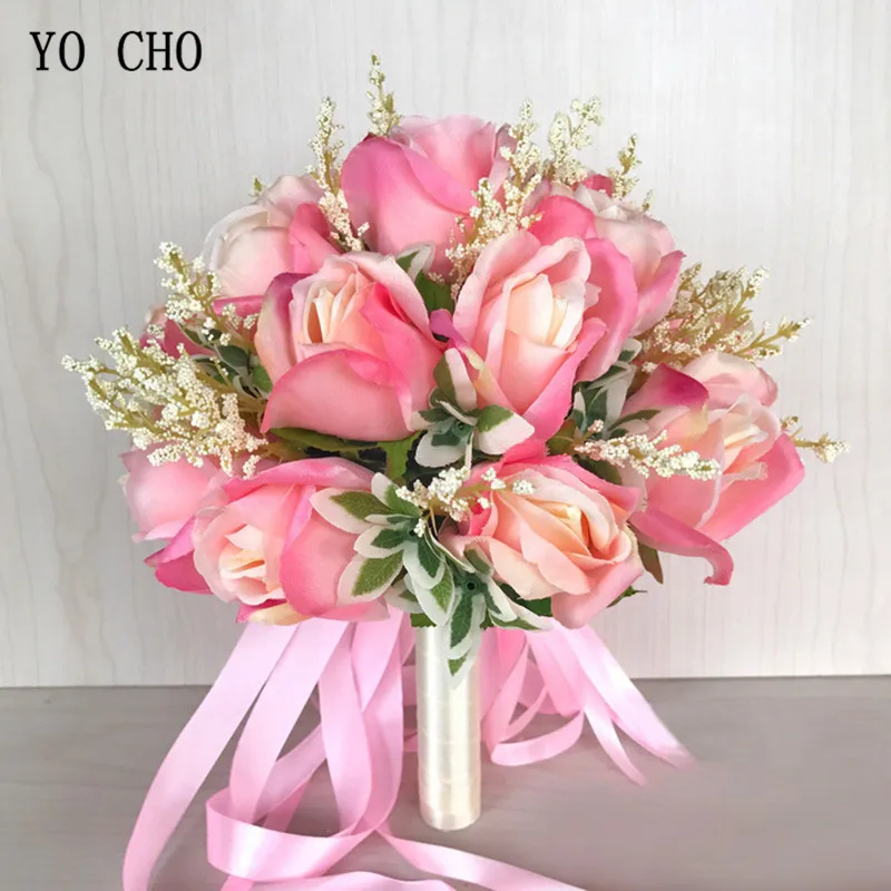 YO CHO Bouquet Da Sposa di Seta Rose Bianco Rosa Bouquet Da Sposa per Le Damigelle D'onore Fiori Artificiali Matrimonio Forniture Decorazione di Cerimonia Nuziale