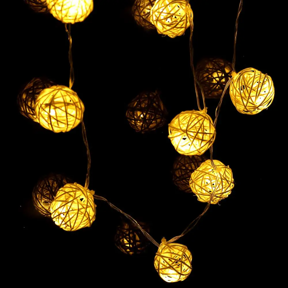 LED Battery String Lights 2M 20pcs White Handmade Rattan Balls String Lights Fairy Party Wedding Patio Christmas Decor