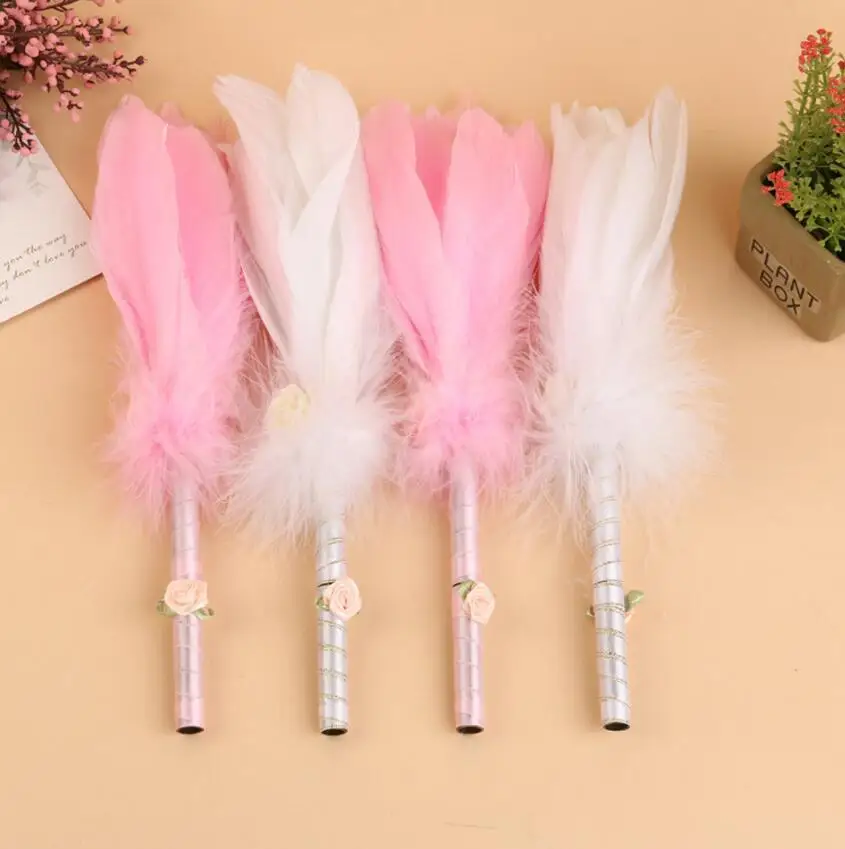 2pcs White/Pink Feathers With Rose Decoration Quill Pen Signing Pen For Wedding Party Baby Shower Guest Book Accessory