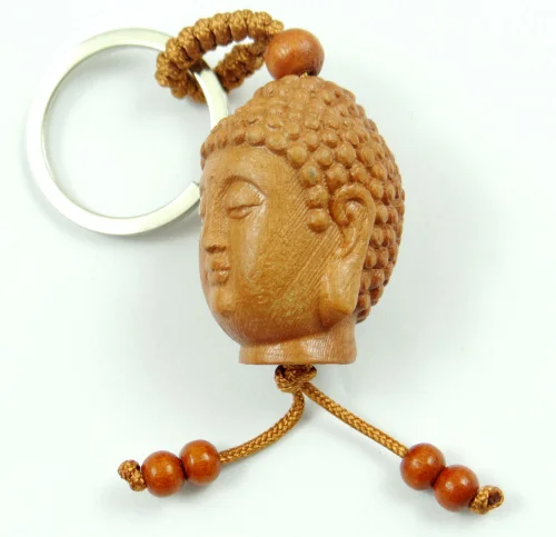 Natural mahogany three-dimensional engraving Buddha head keychain realistic key ring jewelry gift for men and women 1pc